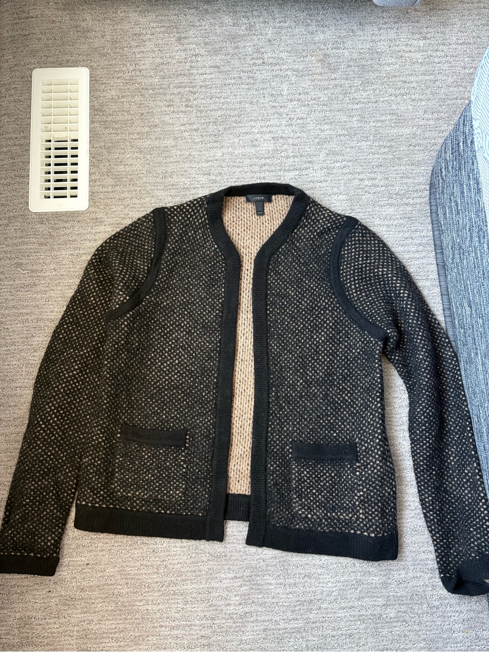 J. Crew Black and Cream Textured Open Cardigan